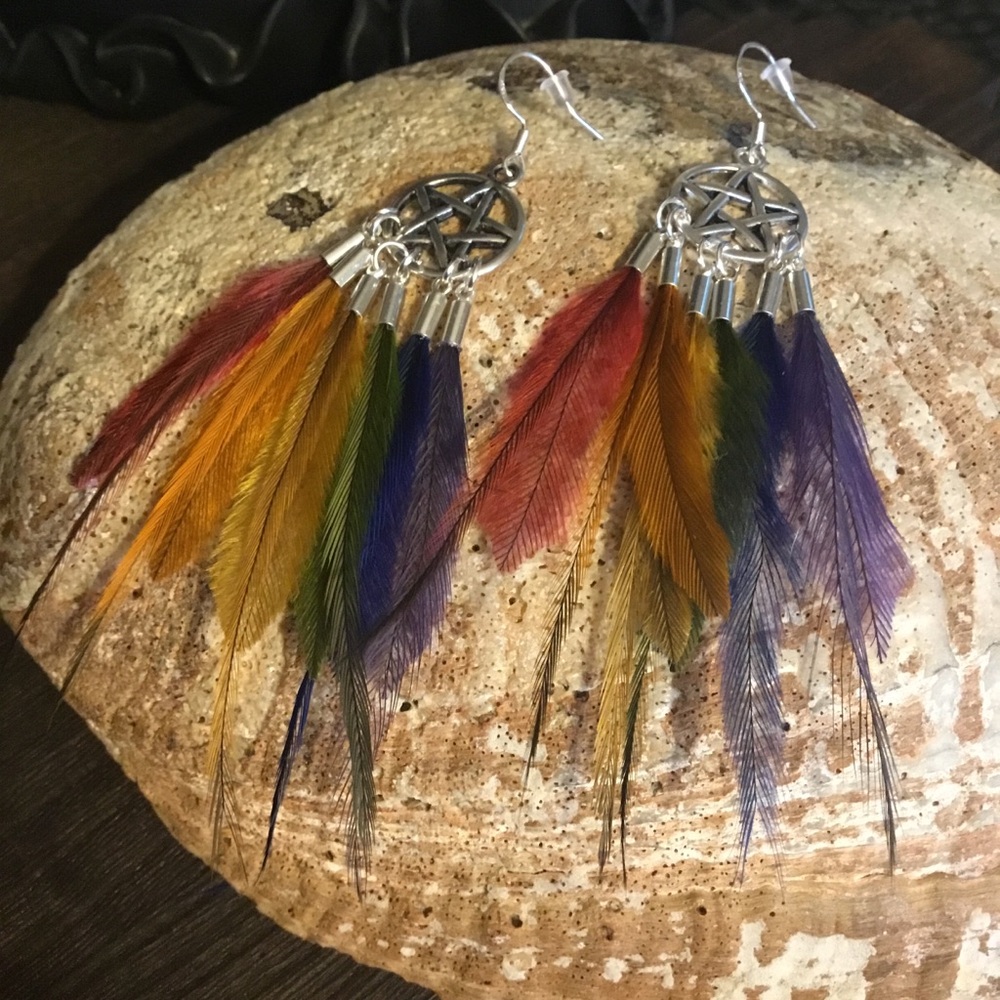 Handmade LGBTQ Pentagram Earrings with Emu Feathers - LGBTQ Pride Accessories